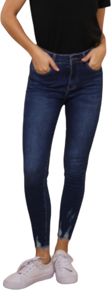 Donker blauwe jeans high waist onafgewerkte zoom