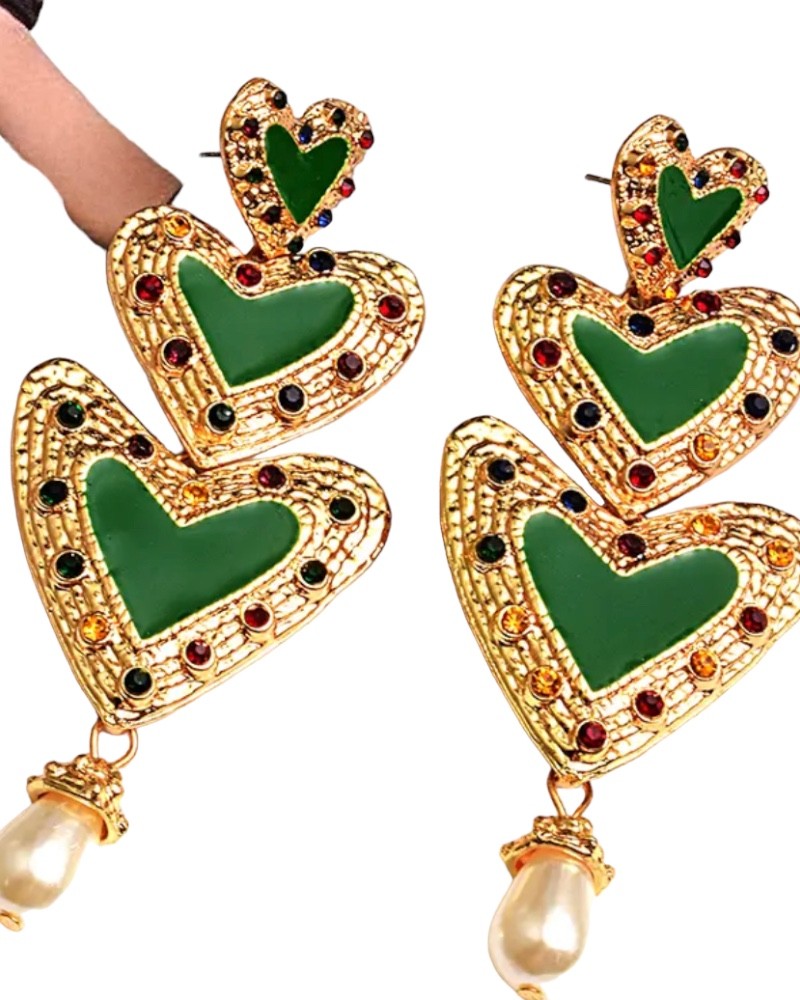 Lange stenen hart drop earrings zwart groen roze