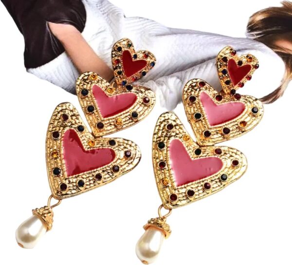 Lange stenen hart drop earrings zwart groen roze