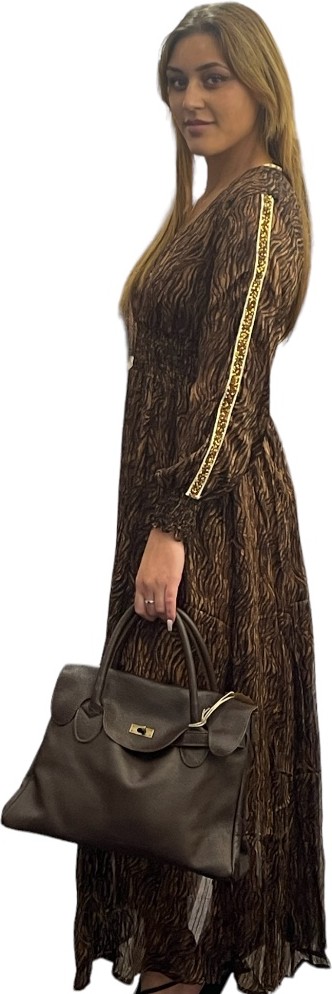 Maxi dress print bruin met detail op de mouw
